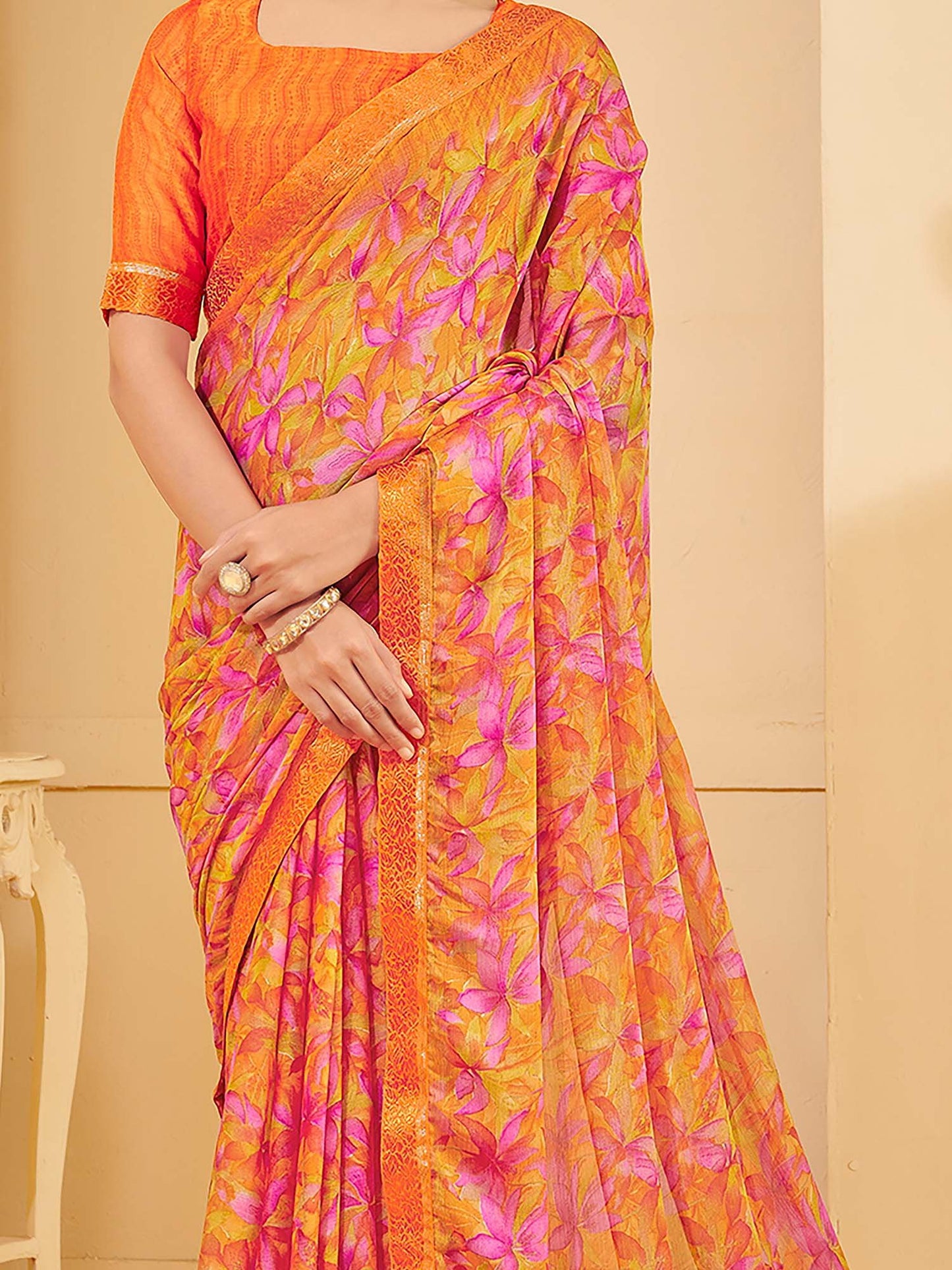 Orange Sungudi Chiffon Printed Saree