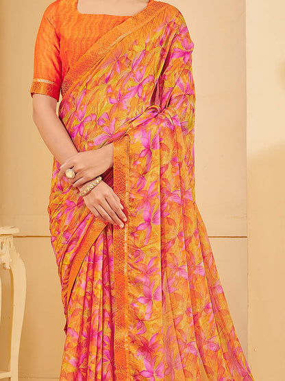 Orange Sungudi Chiffon Printed Saree