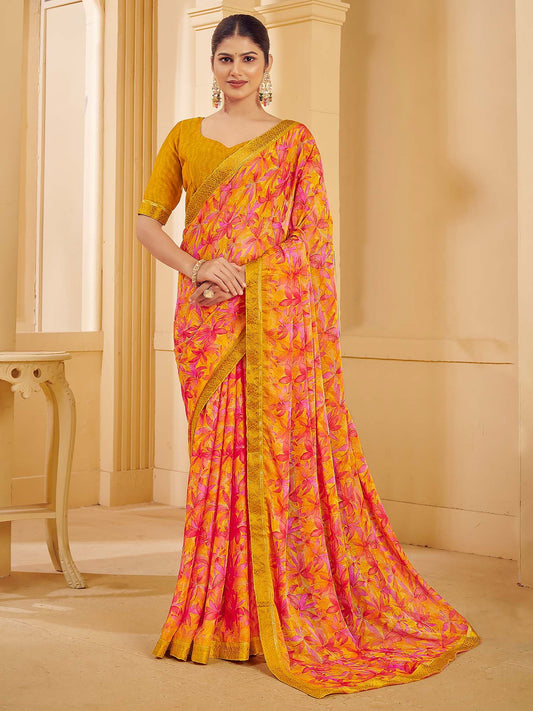 Yellow Mustard Sungudi Chiffon Printed Saree