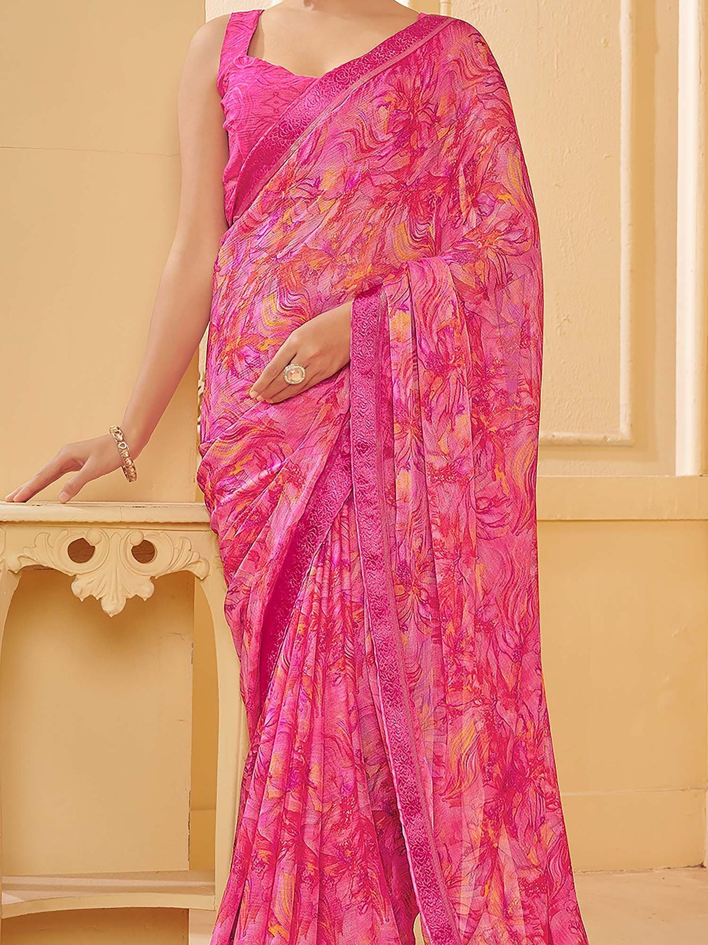 Pink Sungudi Chiffon Printed Saree