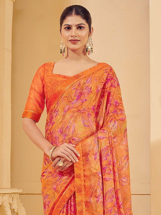 Orange Orange Sungudi Chiffon Printed Saree