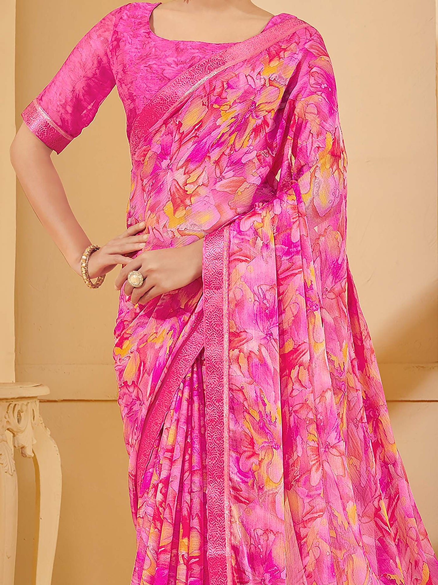 Pink Sungudi Chiffon Printed Saree