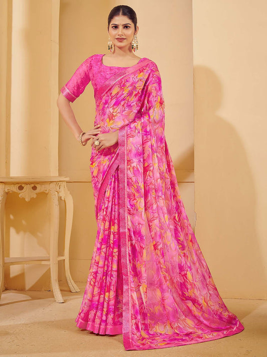 Pink Pink Sungudi Chiffon Printed Saree