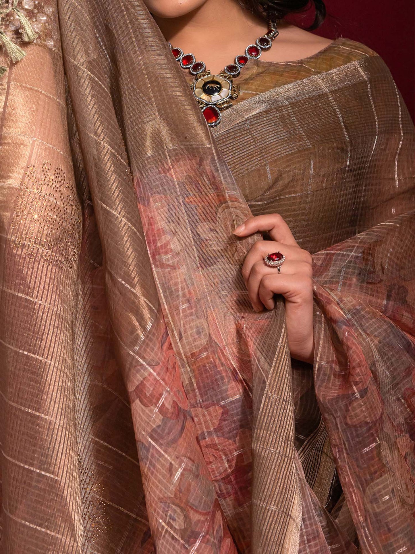 Peach Party Wear Linen Blend Embellished Saree