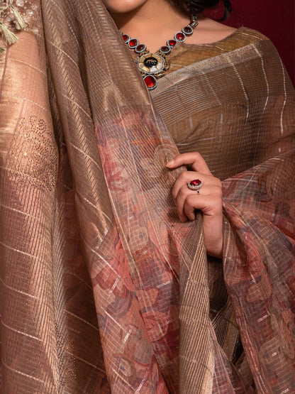 Peach Party Wear Linen Blend Embellished Saree