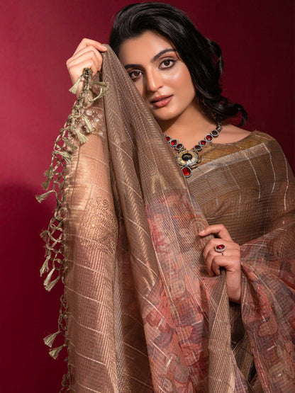 Peach Party Wear Linen Blend Embellished Saree
