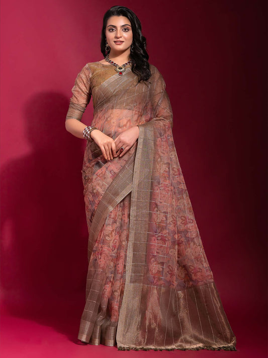 Pink Peach Party Wear Linen Blend Embellished Saree