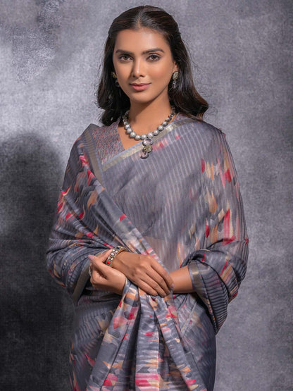 Grey Grey Sungudi Linen Blend Woven Saree