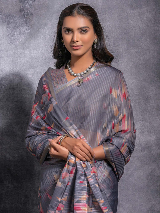 Grey Grey Sungudi Linen Blend Woven Saree