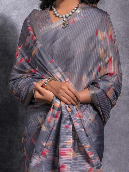 Grey Sungudi Linen Blend Woven Saree
