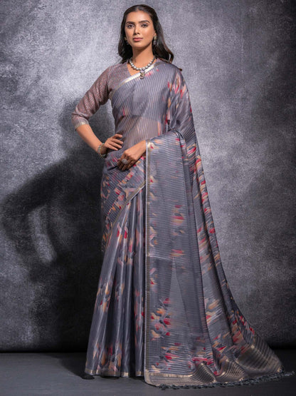 Grey Sungudi Linen Blend Woven Saree