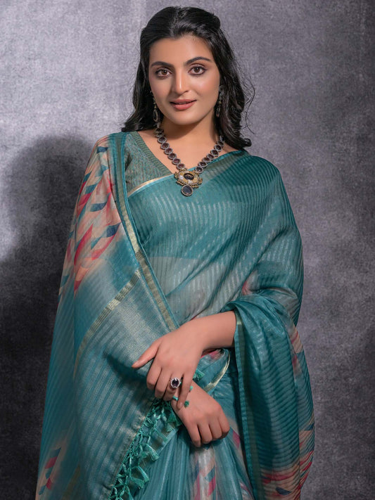 Blue Teal Sungudi Linen Blend Woven Saree