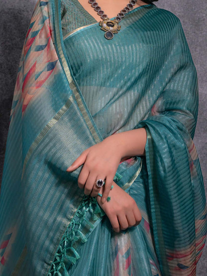 Teal Sungudi Linen Blend Woven Saree