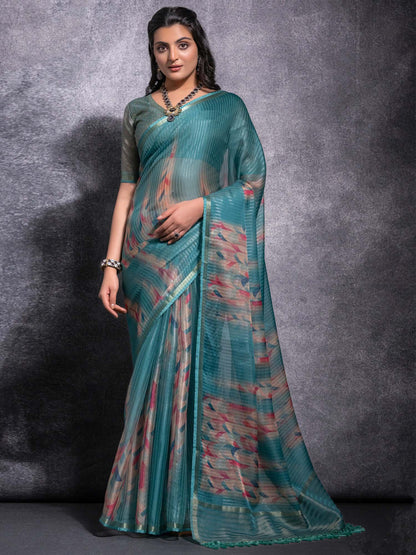 Teal Sungudi Linen Blend Woven Saree