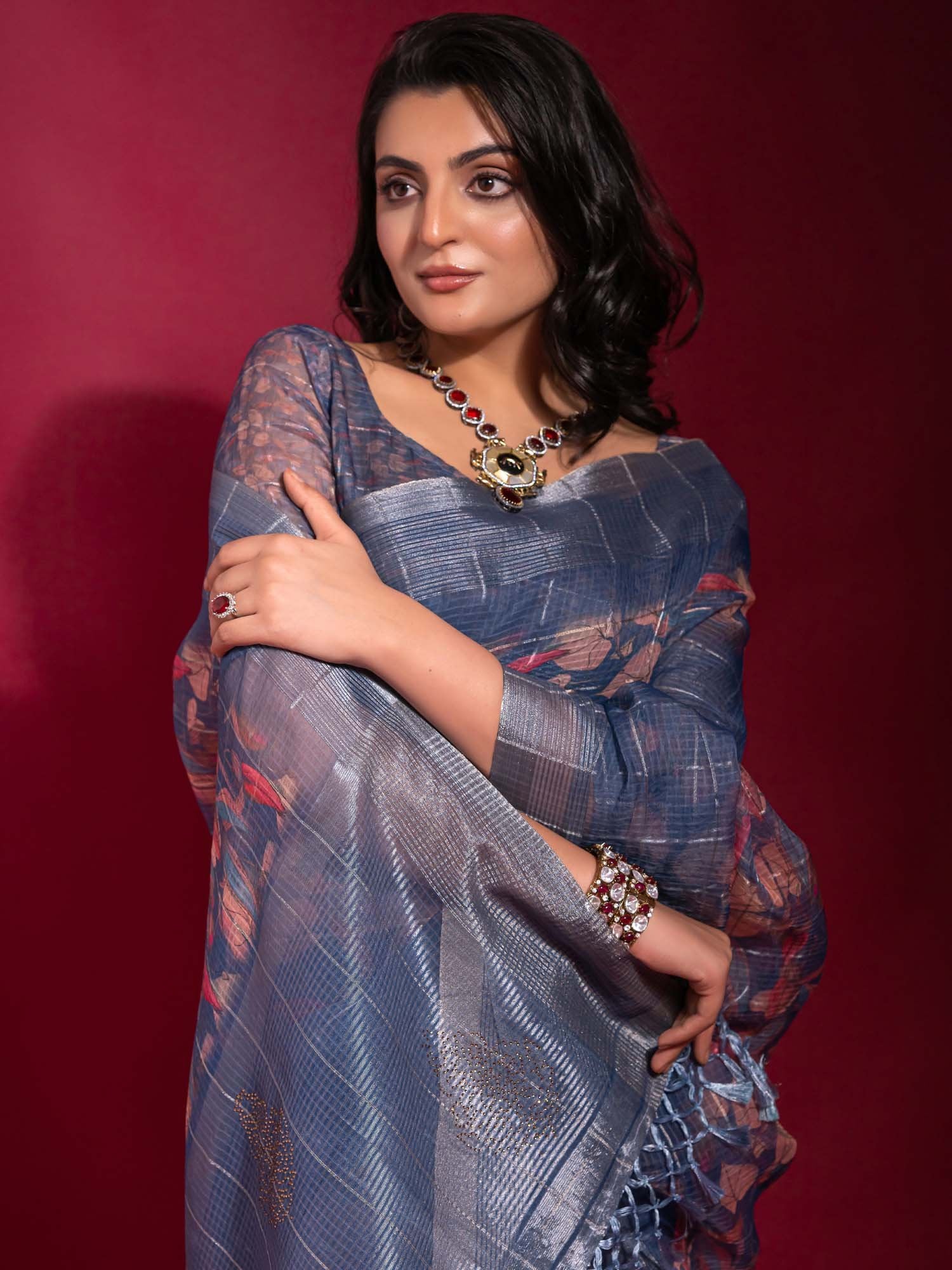 Blue Blue Party Wear Linen Blend Embellished Saree