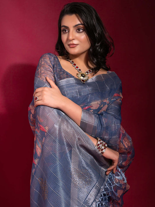 Blue Blue Party Wear Linen Blend Embellished Saree