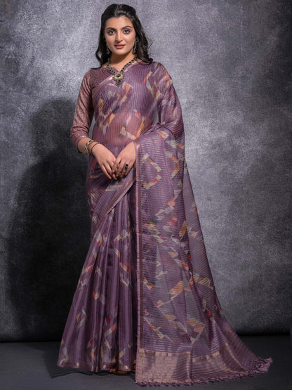 Purple Sungudi Linen Blend Woven Saree