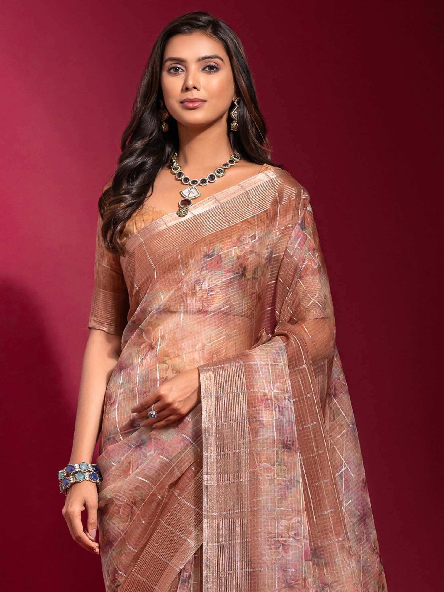 Brown Brown Party Wear Linen Blend Embellished Saree