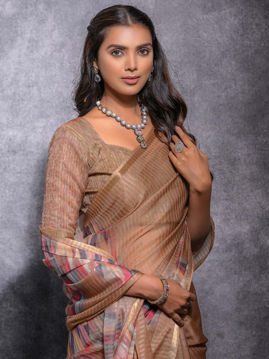 Brown Beige Sungudi Linen Blend Woven Saree