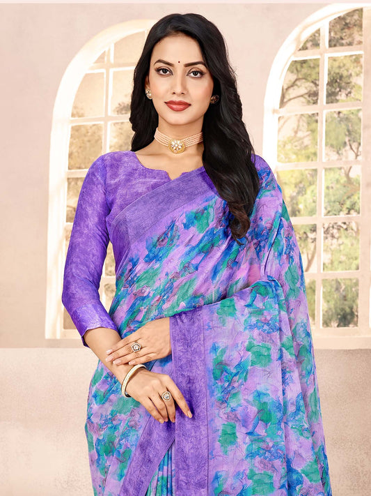 Lavender Lavendar Bagru Chiffon Printed Saree