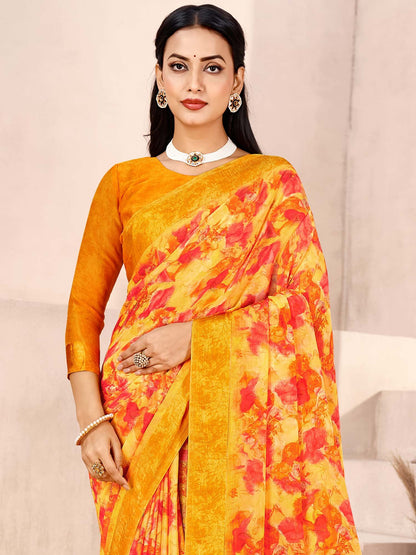 Yellow Yellow Bagru Chiffon Printed Saree