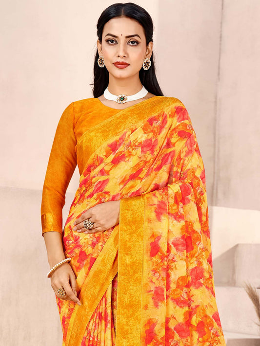 Yellow Yellow Bagru Chiffon Printed Saree