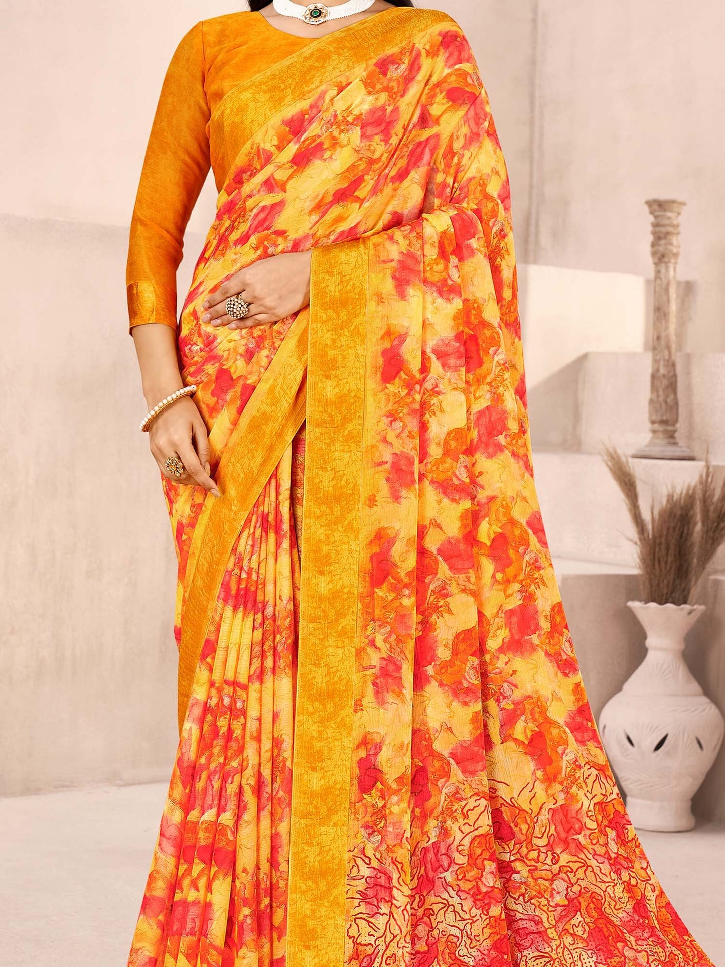 Yellow Bagru Chiffon Printed Saree