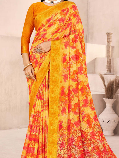Yellow Bagru Chiffon Printed Saree