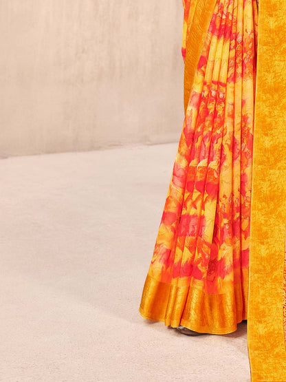 Yellow Bagru Chiffon Printed Saree