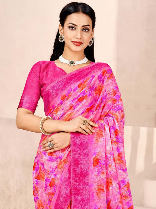 Pink Pink Bagru Chiffon Printed Saree