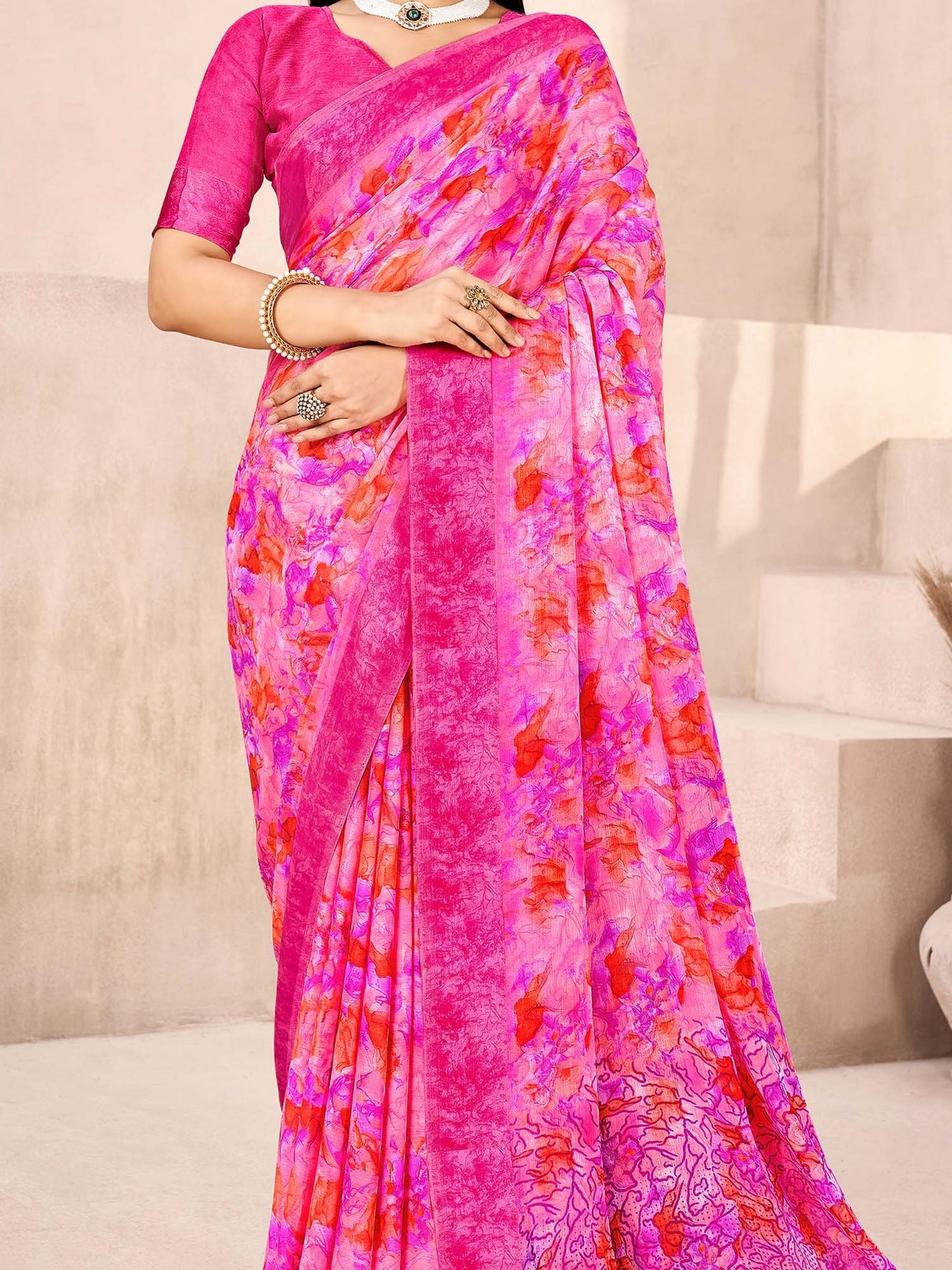 Pink Bagru Chiffon Printed Saree