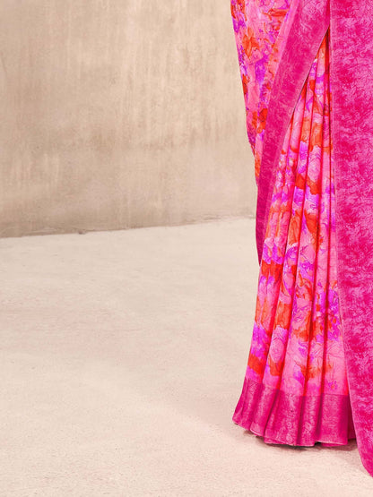 Pink Bagru Chiffon Printed Saree