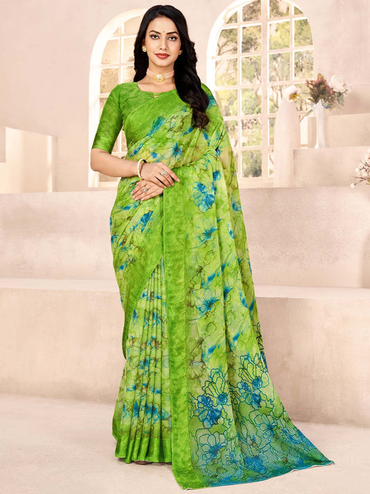Green Light Bagru Chiffon Printed Saree