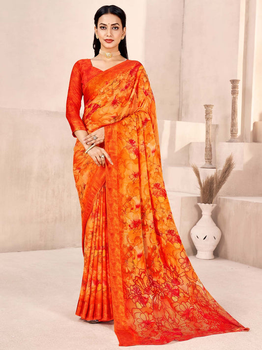 Orange Orange Bagru Chiffon Printed Saree