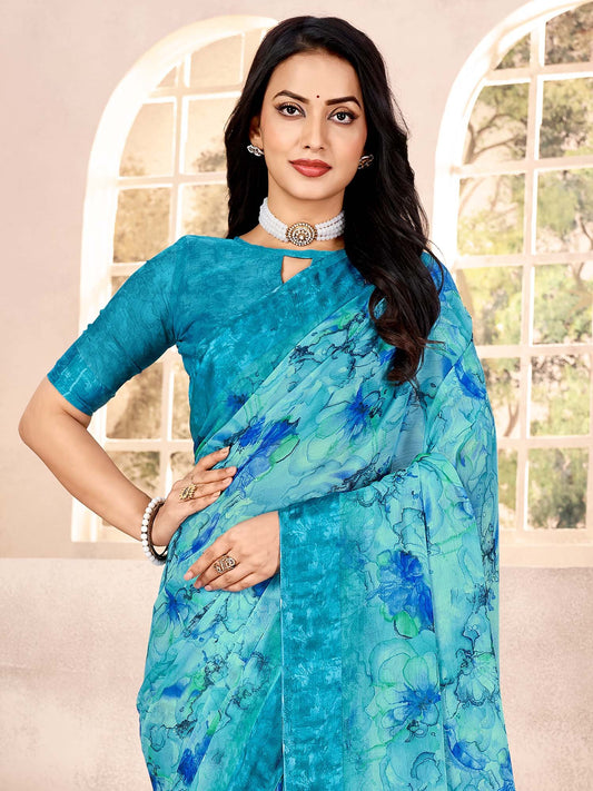 Blue Light Bagru Chiffon Printed Saree