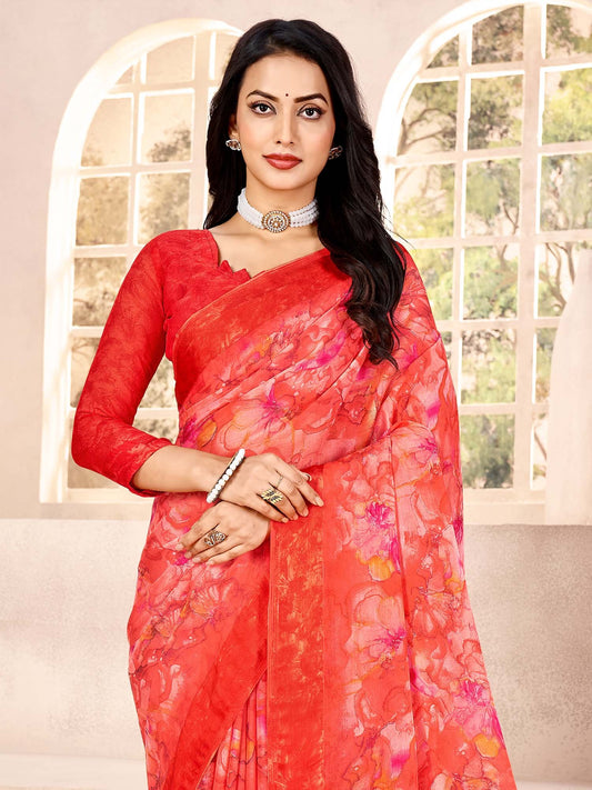 Red Red Bagru Chiffon Printed Saree