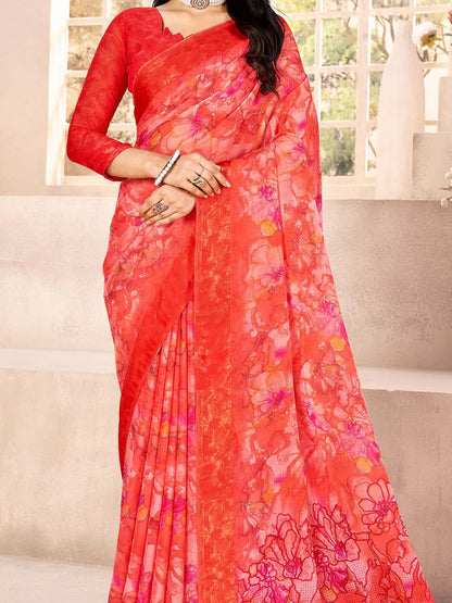 Red Bagru Chiffon Printed Saree