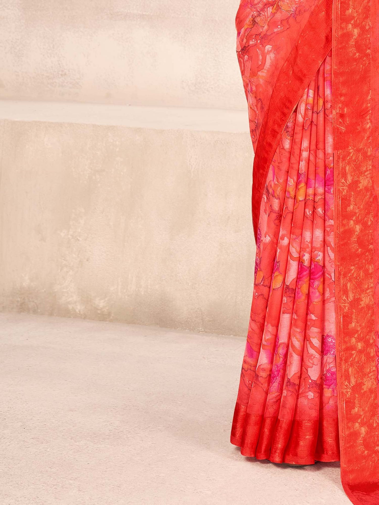 Red Bagru Chiffon Printed Saree