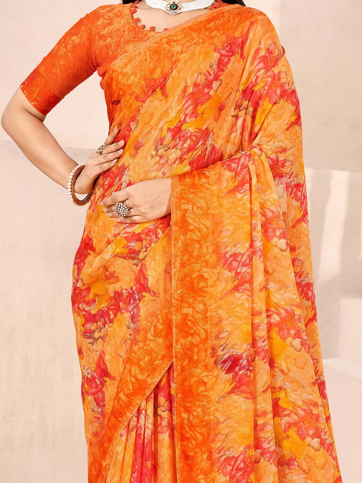 Orange Bagru Chiffon Printed Saree