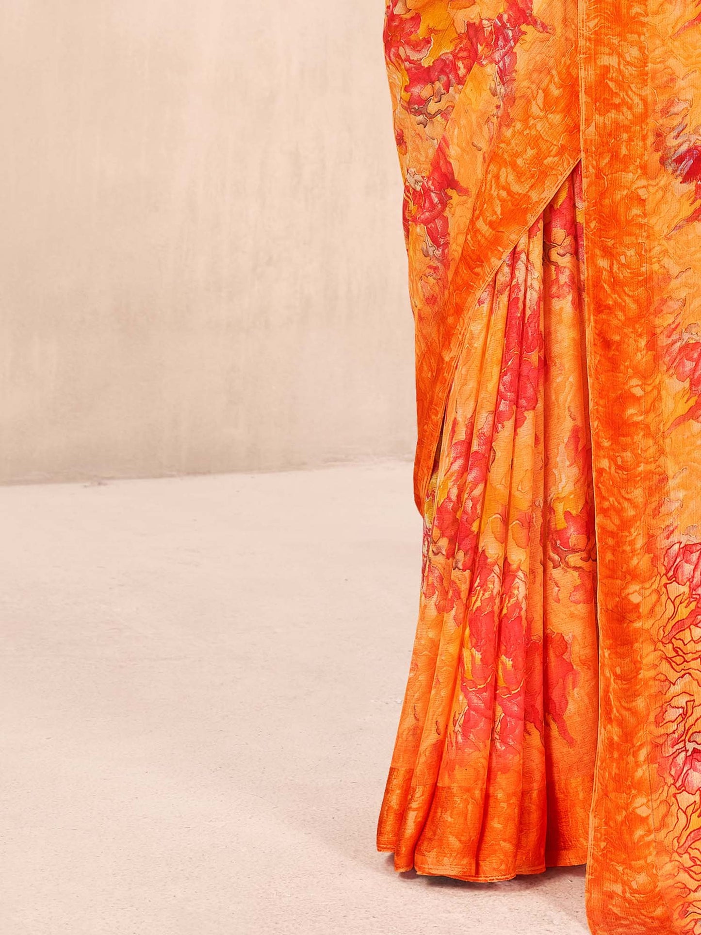 Orange Bagru Chiffon Printed Saree