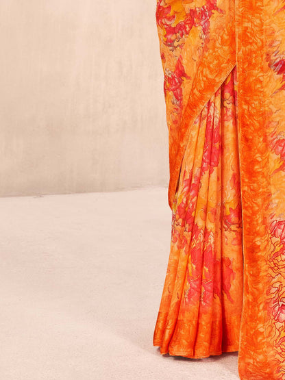 Orange Bagru Chiffon Printed Saree
