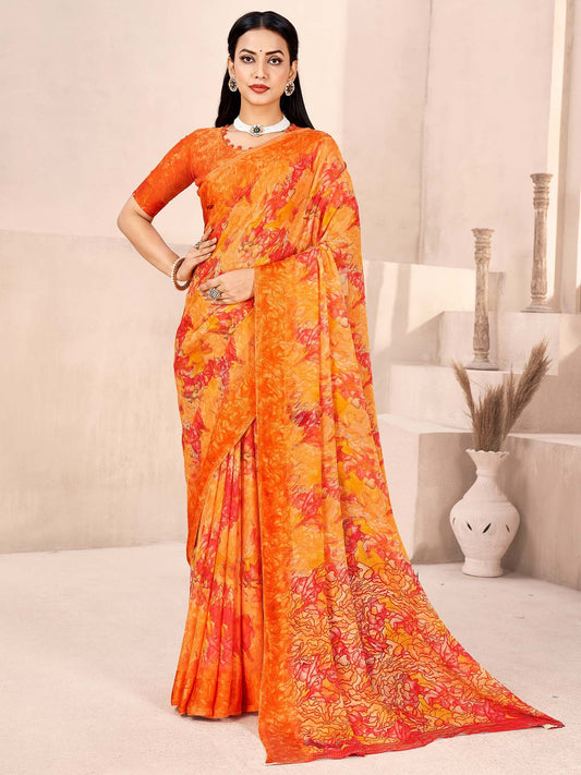 Orange Orange Bagru Chiffon Printed Saree