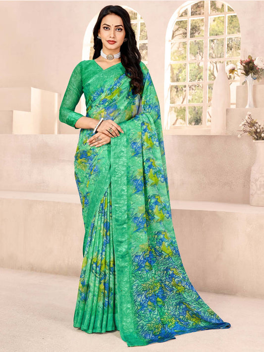 Green Light Bagru Chiffon Printed Saree