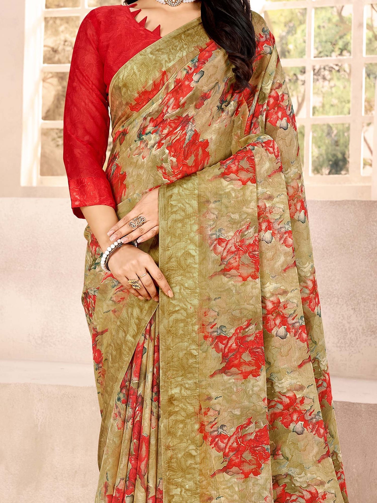 Beige Bagru Chiffon Printed Saree