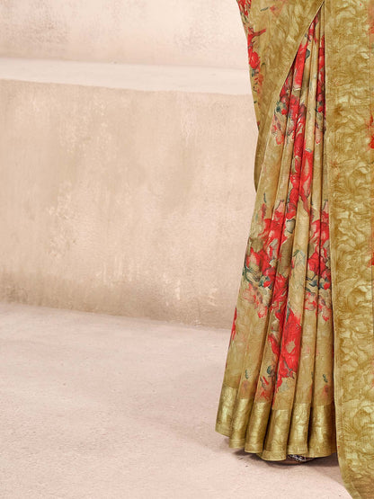 Beige Bagru Chiffon Printed Saree