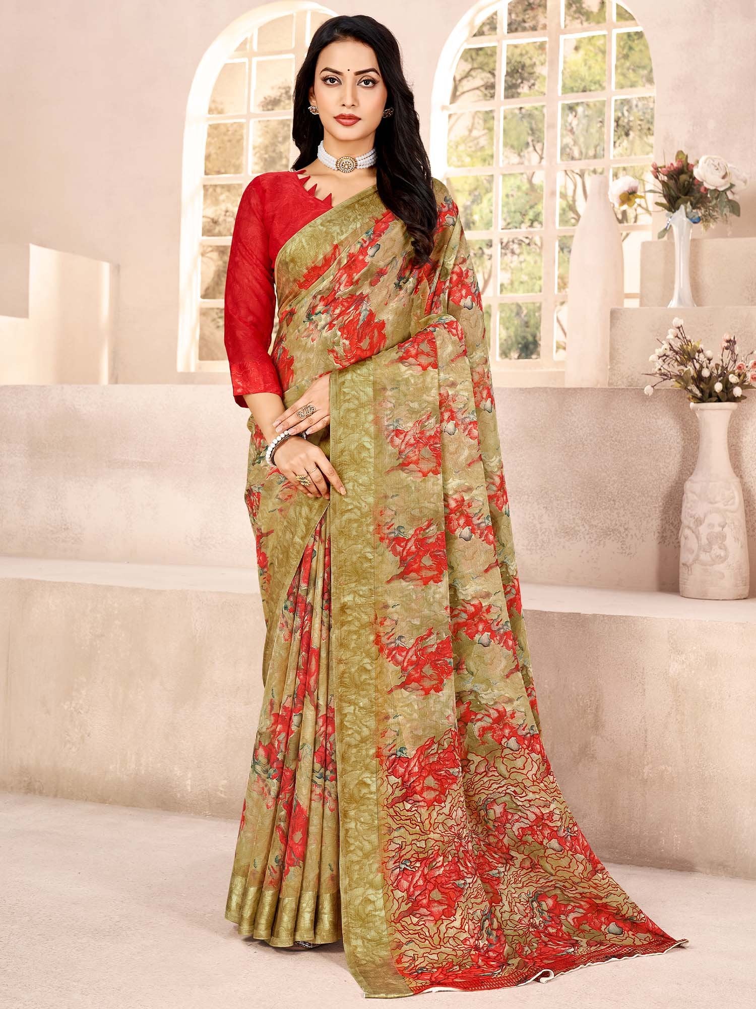 Red Beige Bagru Chiffon Printed Saree