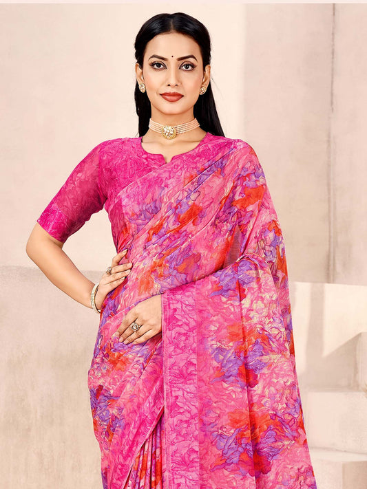 Pink Pink Bagru Chiffon Printed Saree