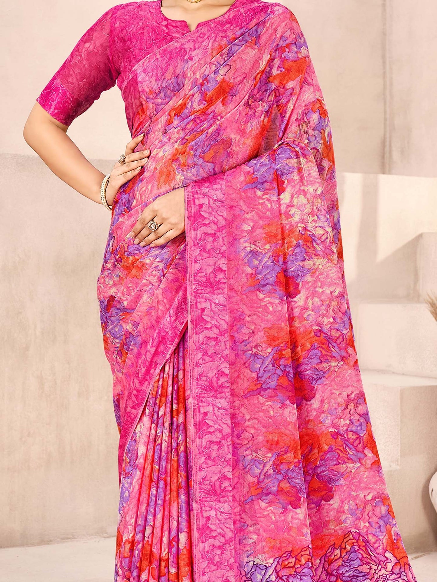 Pink Bagru Chiffon Printed Saree