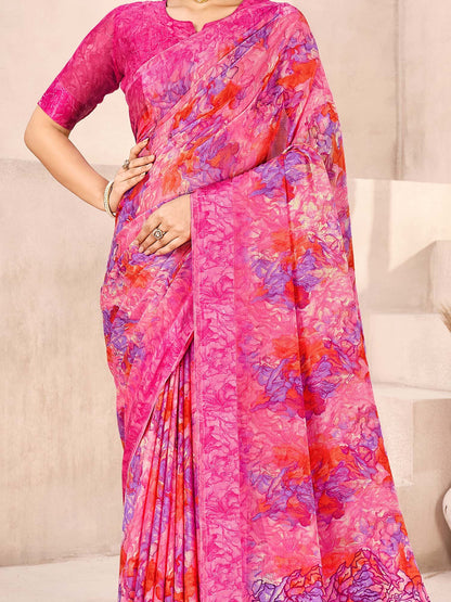 Pink Bagru Chiffon Printed Saree