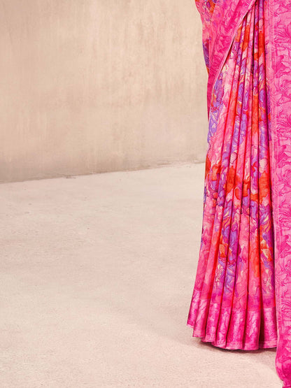 Pink Bagru Chiffon Printed Saree